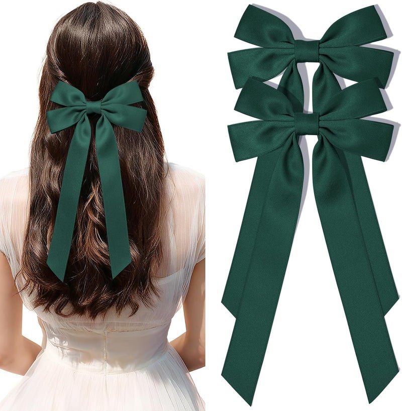 Aileam Cost saving design picks 2PCS Silky Satin Hair Bows Hair Clip Dark Green Hair Ribbon Clips for Women Ponytail Holder Hair Accessories Alligator Clips Bow for Women Girls Toddlers Teens Kids Moisture wear upgraded quality - Image 1