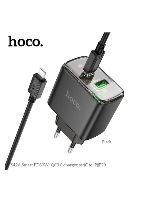 CS42A Smart PD30W+QC3.0 Charger Set Type-C to Lightning Fast Charging, Compact Design EU Plug - Black
