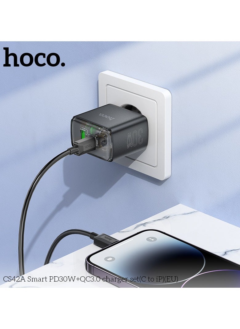 CS42A Smart PD30W+QC3.0 Charger Set Type-C to Lightning Fast Charging, Compact Design EU Plug - Black