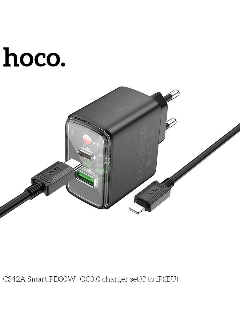 CS42A Smart PD30W+QC3.0 Charger Set Type-C to Lightning Fast Charging, Compact Design EU Plug - Black