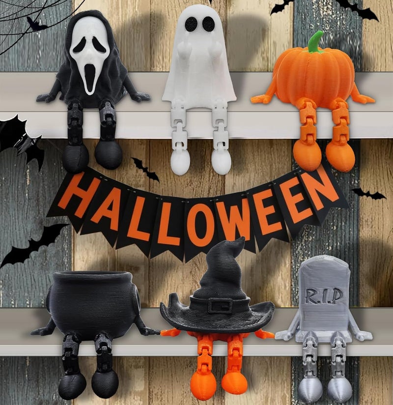 Apear1 6 Pcs 3D Printed Halloween Decorations Indoor, Mini Halloween Ghost Figurine Movable Joints, Cute Ghost Pumpkin Decor, Funny Coffee Table Centerpieces Shelf Mantel Ornaments (6 Pcs) - Image 1