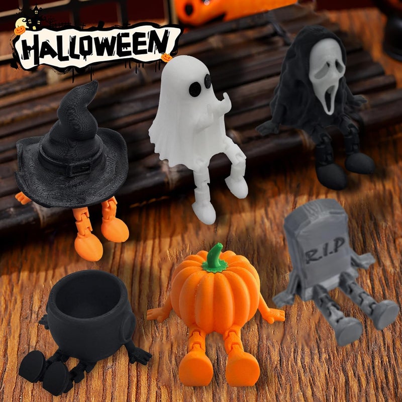 Apear1 6 Pcs 3D Printed Halloween Decorations Indoor, Mini Halloween Ghost Figurine Movable Joints, Cute Ghost Pumpkin Decor, Funny Coffee Table Centerpieces Shelf Mantel Ornaments (6 Pcs) - Image 2