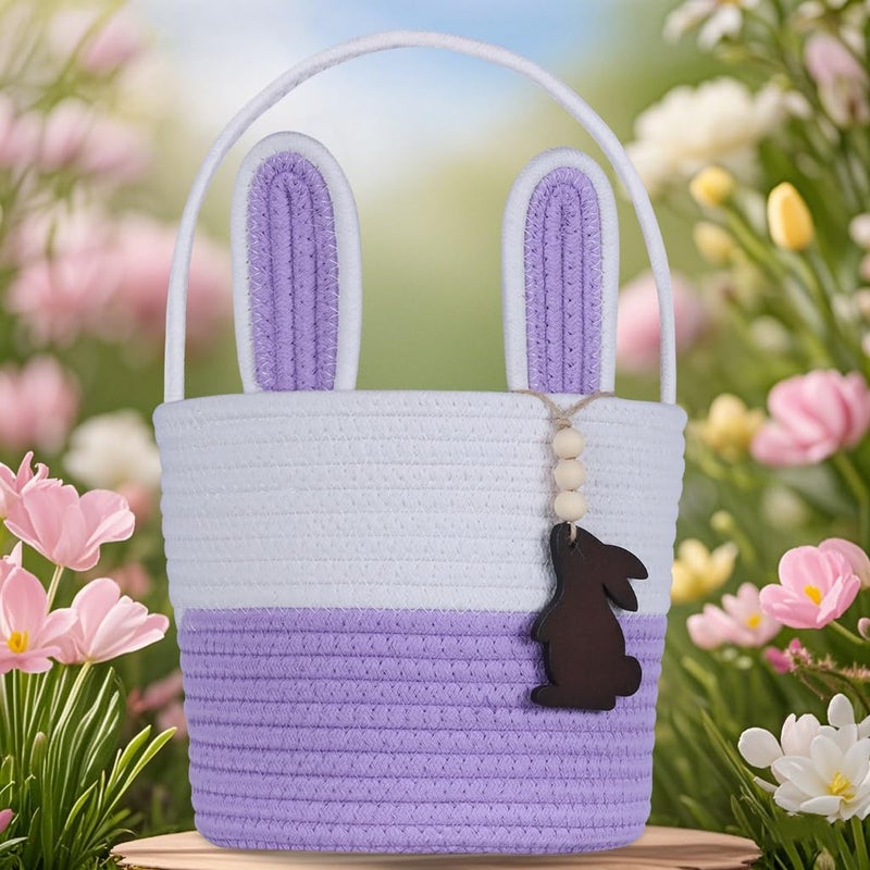 K-MLICE Easter Basket Empty Easter Basket for Girls Easter Baskets for Kids Boys Girls with Bunny Tag Egg Gifts Toddler Teens Babys First Easter with Handle Purple - Image 2