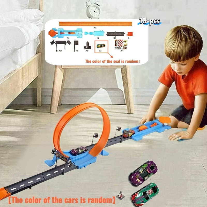 18 Pcs Kids Track Racing Car Toy Set Includes 2 Cars And Speed Track Assembly Parts - Image 3