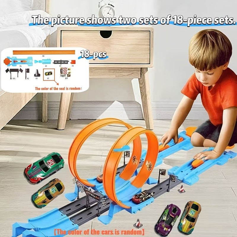 18 Pcs Kids Track Racing Car Toy Set Includes 2 Cars And Speed Track Assembly Parts - Image 4