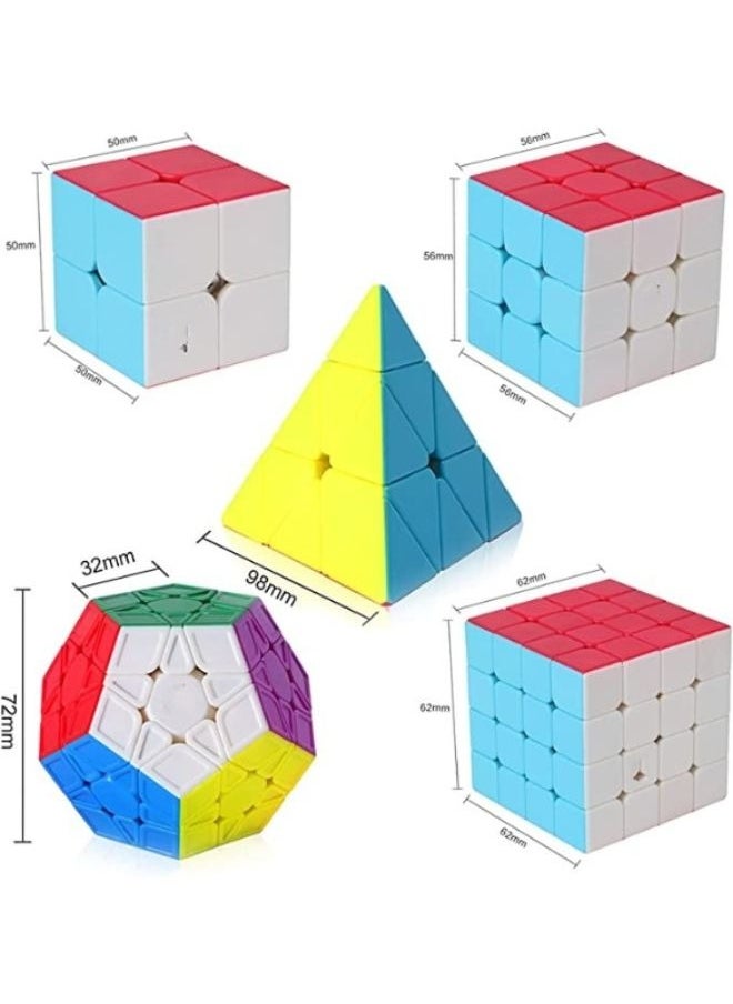 null - 5 Pieces Speed Cube Bundle of 2x2x2 3x3x3 4x4x4 Megaminx and Pyramid Cube Smoothly Magic Cube Collection for Kids and Adults - Image 1