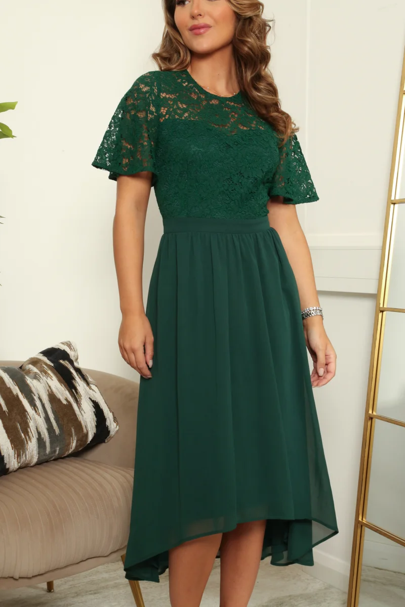 Double Second dark green Lace Top Chiffon Skirt Midi Dress for Women | Best Price UAE