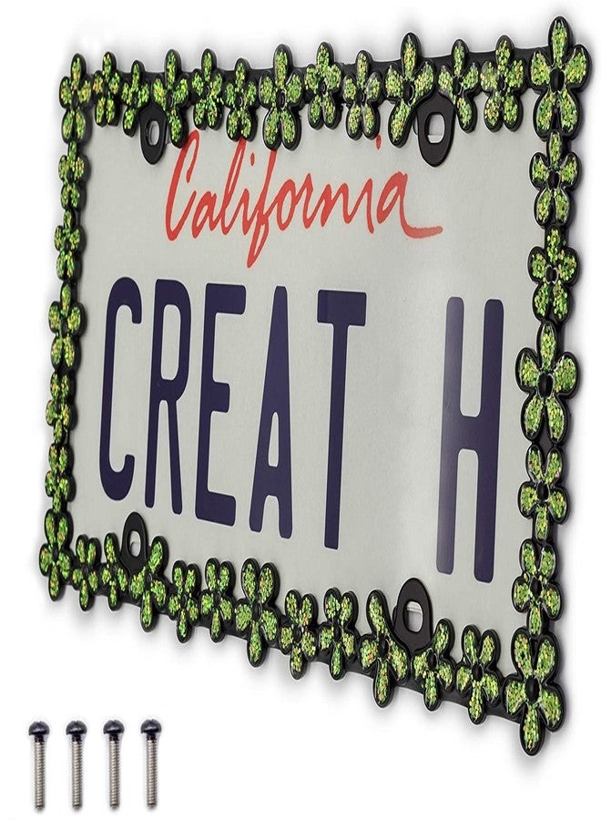 Creathome 3D Shining Daisy Wrenth License Plate Frame from Pure Zinc Alloy Metal Perfect Plate Holder, Matt Black with Green Glitter - Image 2