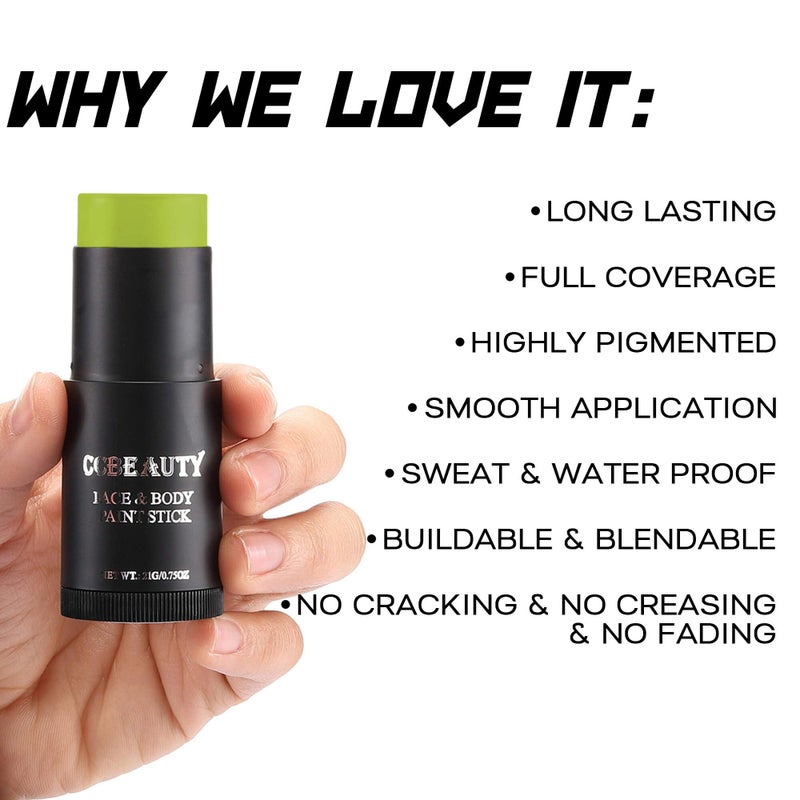 CCbeauty Ogre Green Face Paint Stick,Face Painting Kit,Professional Body Paint,Non Toxic SFX Makeup For Shrek Disgust Goblin Halloween Costume Cosplay,Full Coverage Painting Foundation + Makeup Sponge - Image 3