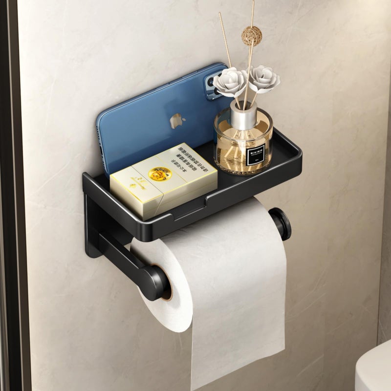 VOLDRA Toilet Paper Holder with Phone Shelf  Self-Adhesive or Screw-in Toilet Tissue Roll Holder Wall Mount  Rustproof & Multifunctional Bathroom Toilet Paper Holder Storage Dispenser(Black) - Image 1
