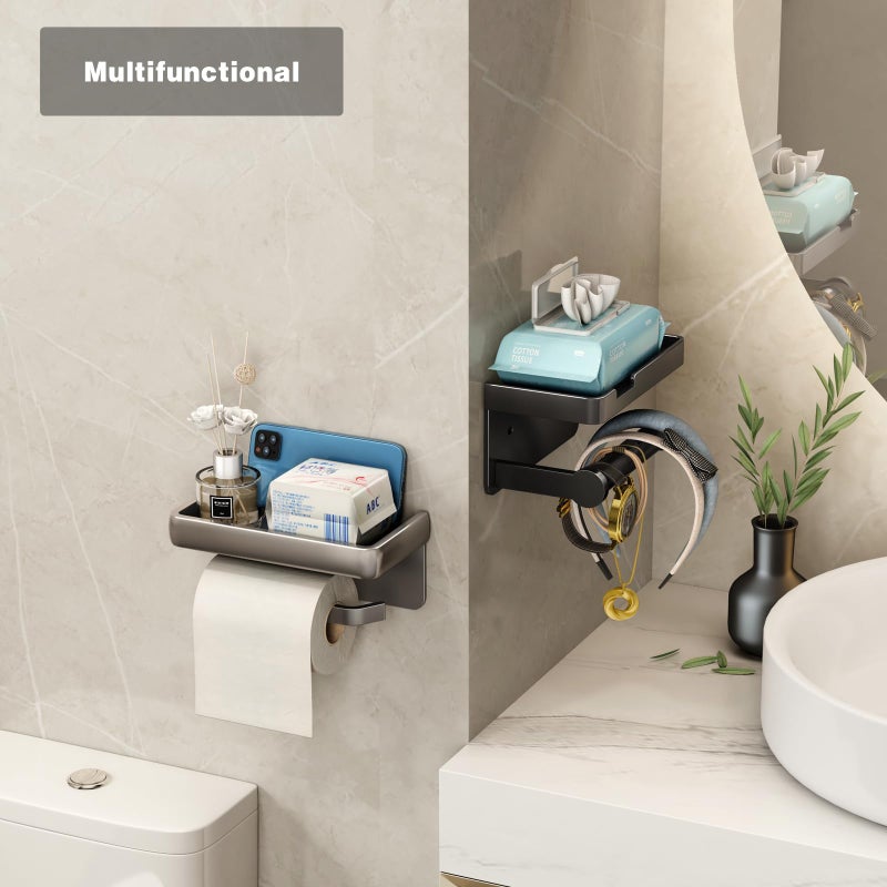 VOLDRA Toilet Paper Holder with Phone Shelf  Self-Adhesive or Screw-in Toilet Tissue Roll Holder Wall Mount  Rustproof & Multifunctional Bathroom Toilet Paper Holder Storage Dispenser(Black) - Image 3