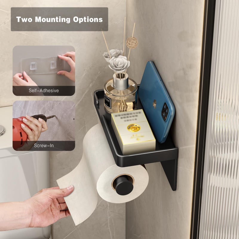 VOLDRA Toilet Paper Holder with Phone Shelf  Self-Adhesive or Screw-in Toilet Tissue Roll Holder Wall Mount  Rustproof & Multifunctional Bathroom Toilet Paper Holder Storage Dispenser(Black) - Image 4
