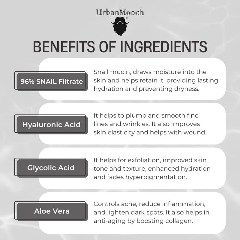 UrbanMooch Mucin X Snail Mucin Serum for Men | Korean Formula with Hyaluronic Acid, Niacinamide & Allantoin | Removes Acne Scars, Hydration & Glow Booster (100 ML) - Image 3