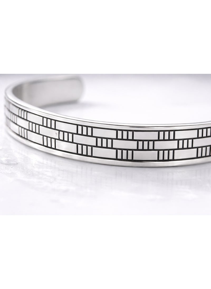 FINE SILVER 925 Sterling Silver Men's Cuff Bracelet with Modern Geometric Brick Texture Design - Image 2