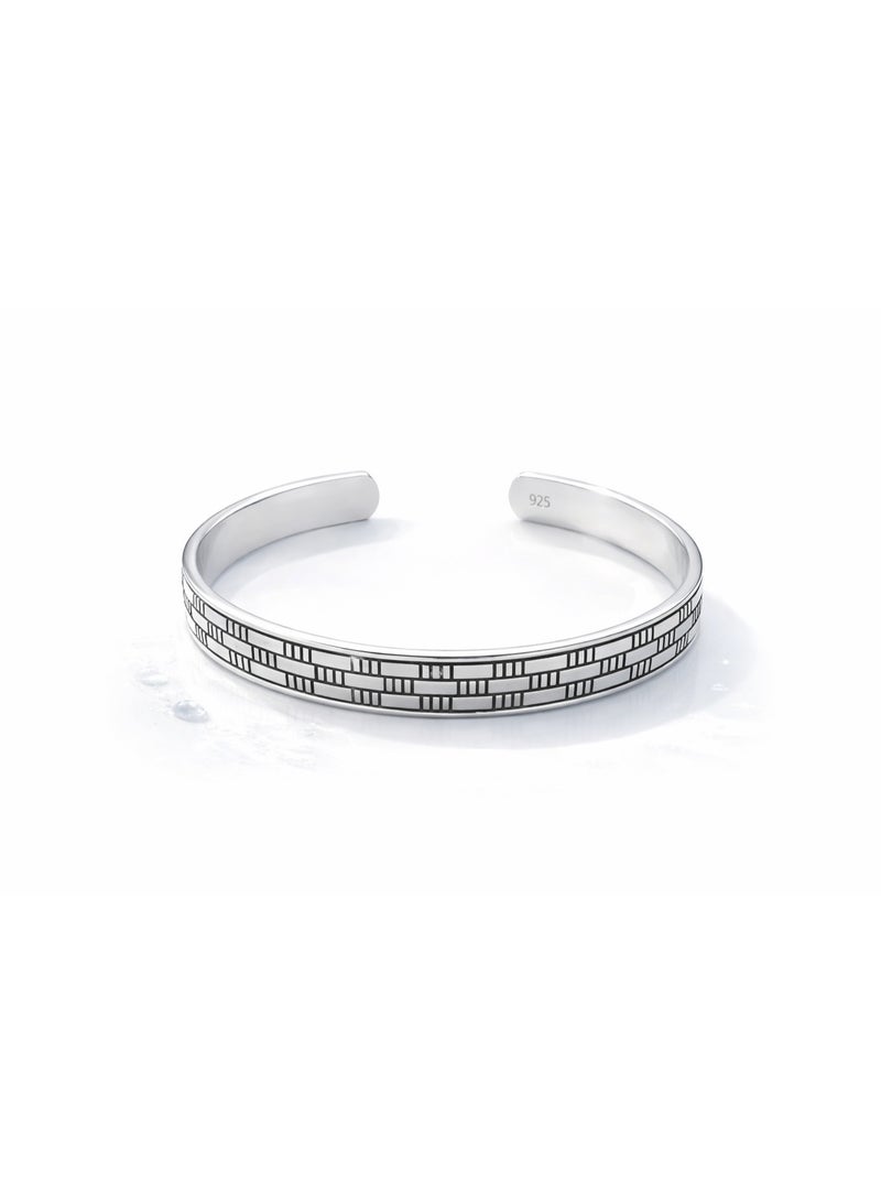 FINE SILVER 925 Sterling Silver Men's Cuff Bracelet with Modern Geometric Brick Texture Design - Image 1