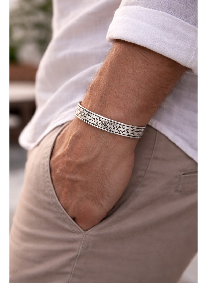 FINE SILVER 925 Sterling Silver Men's Cuff Bracelet with Modern Geometric Brick Texture Design - Image 3