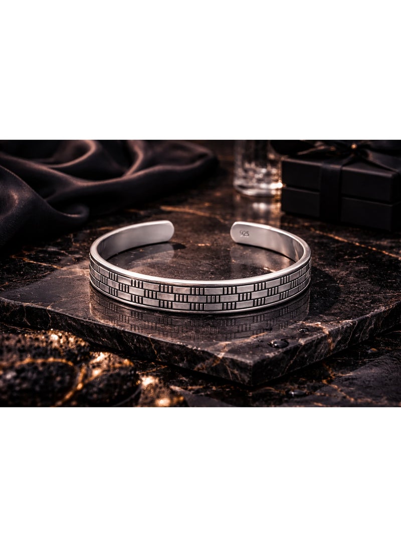 FINE SILVER 925 Sterling Silver Men's Cuff Bracelet with Modern Geometric Brick Texture Design - Image 4