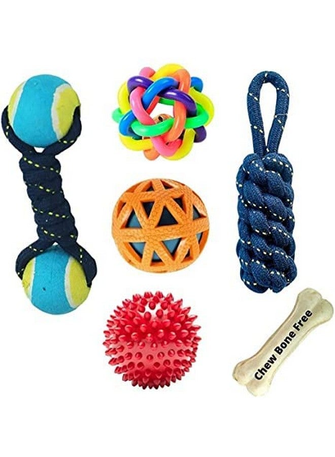 مجموعة ألعاب المضغ للتسنين مكونة من كرة تنس مزدوجة وحبل عصا الذرة وكرة قوس قزح وكرة مدببة وكرة داخل كرة لجميع سلالات الكلاب (عبوة 6 في 1 وعظمة مضغ واحدة مجانية) - Image 1