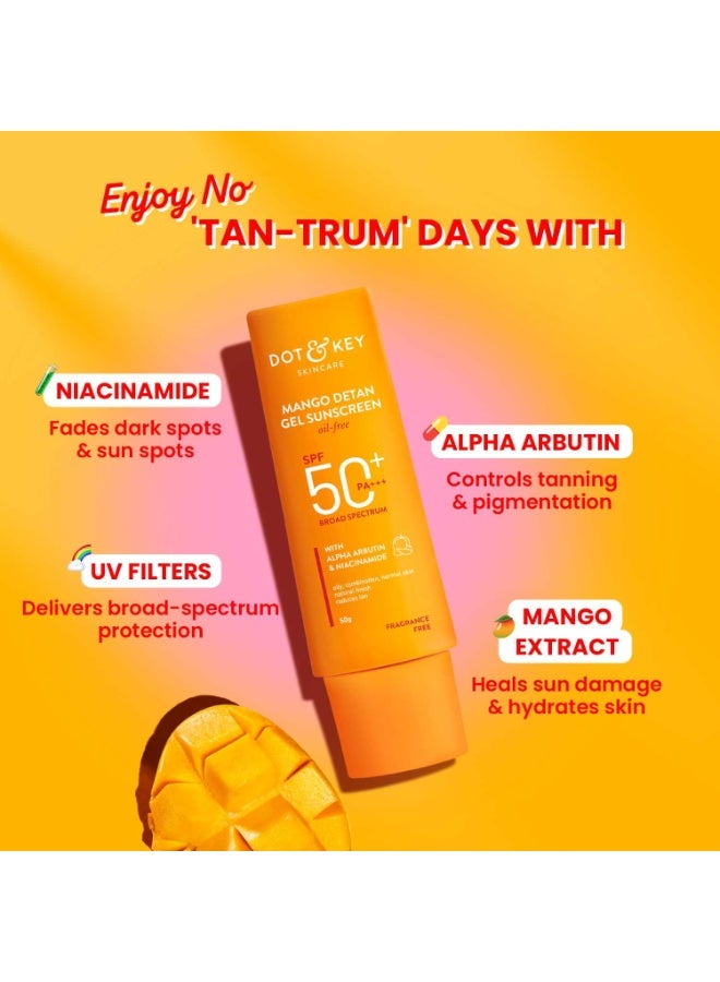 Dot & Key Mango Detan Gel Sunscreen SPF 50+ PA+++ 50g In-Vivo Tested | Oil-Free, With Alpha-Arbutin & Niacinamide | Controls Tanning, Brightens Skin, Ultra-light | Fades Dark Spots, Evens Tone, Water Resistant | All Skin Types | 50g - Image 4