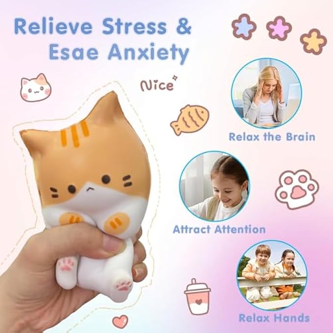 TERRIFI Cute Cat Stress Balls Squishy Toys, Foam Animal Shaped Stress Balls for Kids, Elastic Sensory Ball Party Favors, Comfort Items for Anxiety, Party Gift Basket Stuffers (Gray + Orange) - Image 2