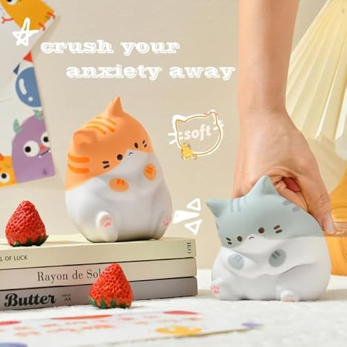 TERRIFI Cute Cat Stress Balls Squishy Toys, Foam Animal Shaped Stress Balls for Kids, Elastic Sensory Ball Party Favors, Comfort Items for Anxiety, Party Gift Basket Stuffers (Gray + Orange) - Image 3