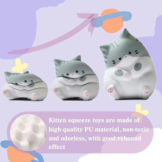 TERRIFI Cute Cat Stress Balls Squishy Toys, Foam Animal Shaped Stress Balls for Kids, Elastic Sensory Ball Party Favors, Comfort Items for Anxiety, Party Gift Basket Stuffers (Gray + Orange) - Image 4