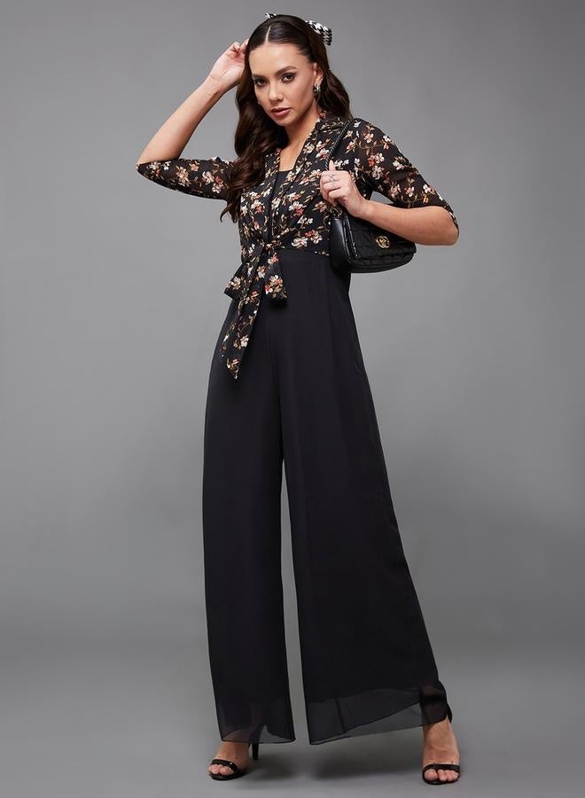 Styli Floral Print Round Neck Wide Leg Jumpsuit with Tie-Up Detail - Image 5