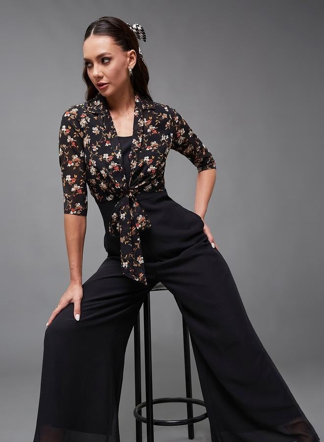Styli Floral Print Round Neck Wide Leg Jumpsuit with Tie-Up Detail - Image 3