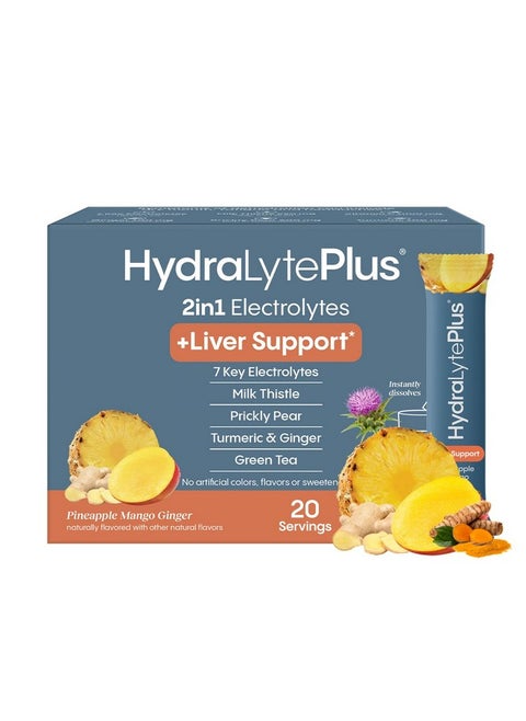 Hydralyte Liver Support + Electrolyte Mix with Milk Thistle, Turmeric, Ginger, Prickly Pear, Green Tea Extract Formulated for Rapid Rehydration (Pineapple Mango, 20 Packets)