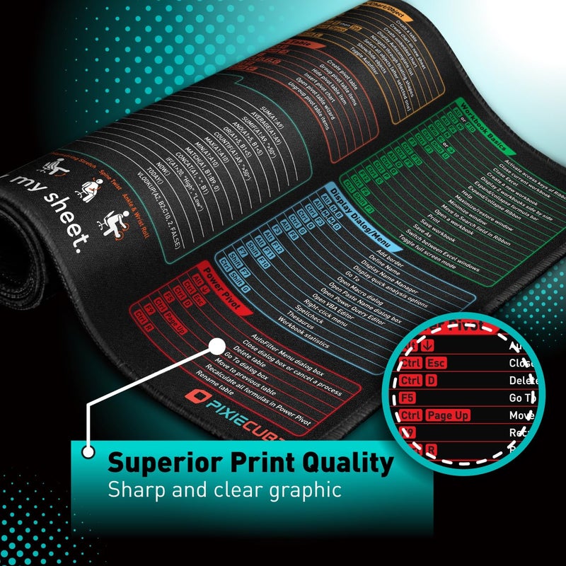 Pixiecube Excel Shortcut Keys Mouse Pad - Extended Large XXL Cheat Sheet Gaming Mousepad | PC Office Spreadsheet Keyboard Mat | Non-Slip Stitched Edge - Image 3