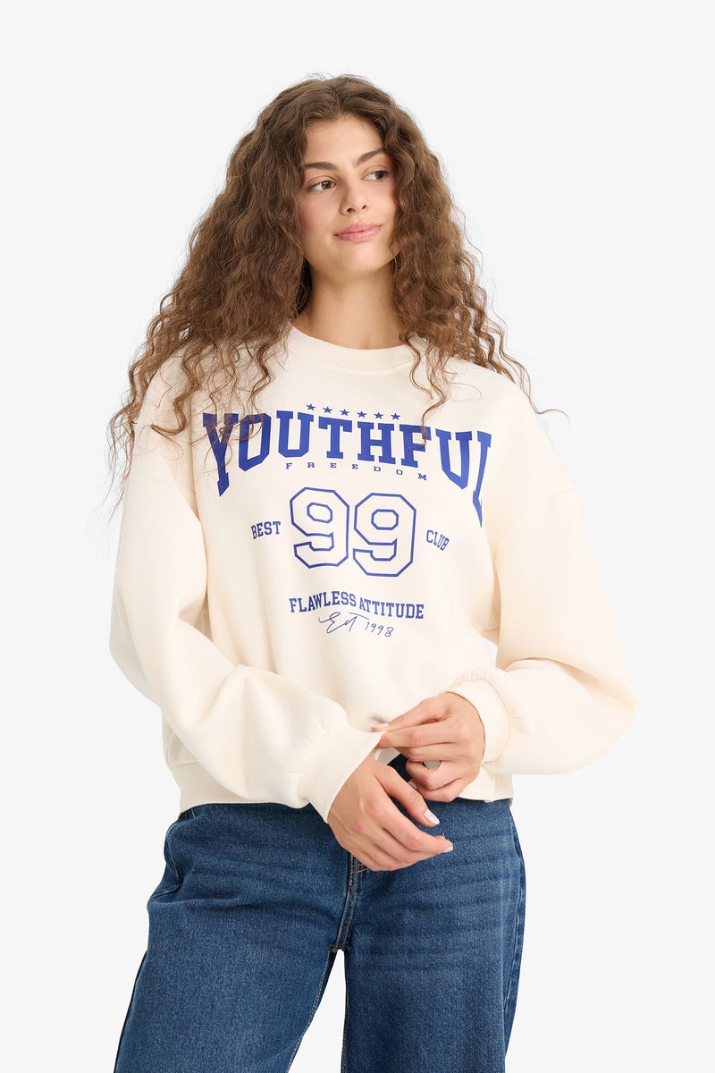 DeFacto White Woman Regular Fit Printed Long Sleeve Sweatshirt Casual - Image 4