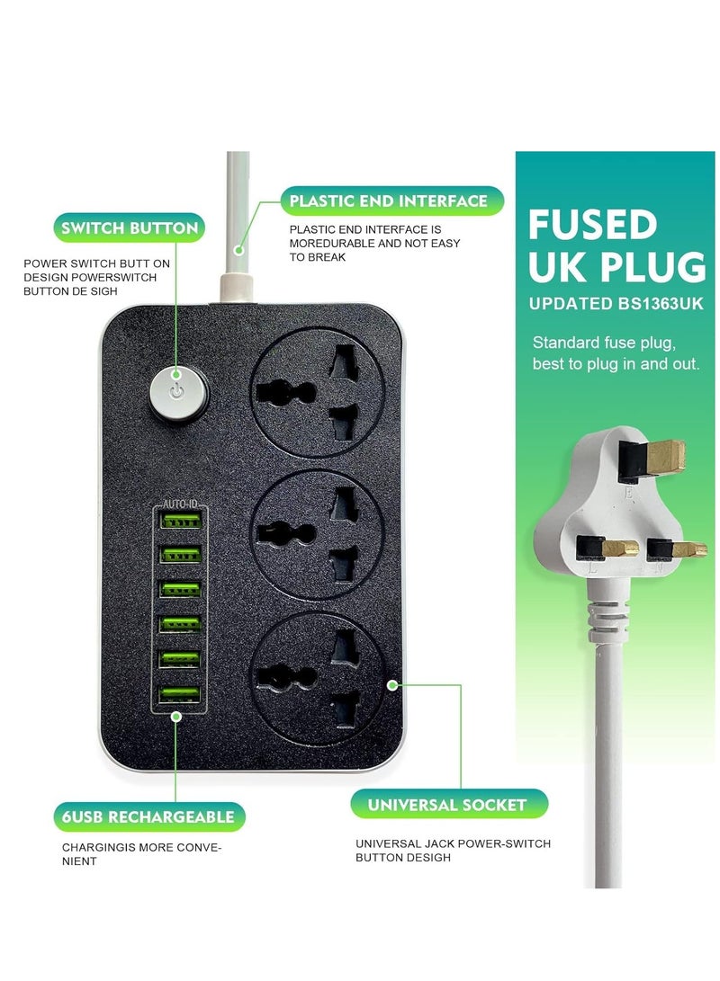 ELTRAZONE Power Strips Extension Cord 3 Outlets, Power Socket with 6 USB Ports Universal Charging Socket with 2M Bold Extension Cord - Image 3