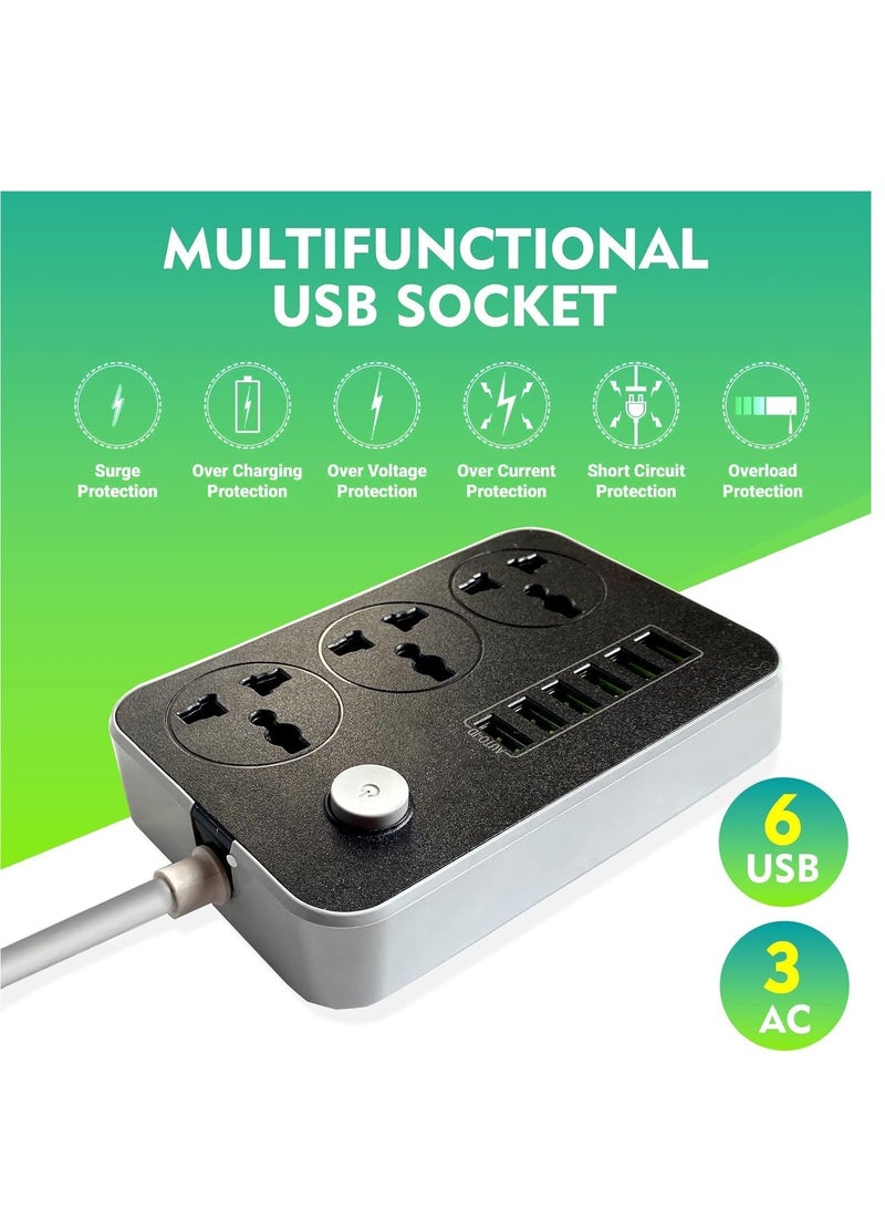 ELTRAZONE Power Strips Extension Cord 3 Outlets, Power Socket with 6 USB Ports Universal Charging Socket with 2M Bold Extension Cord - Image 2