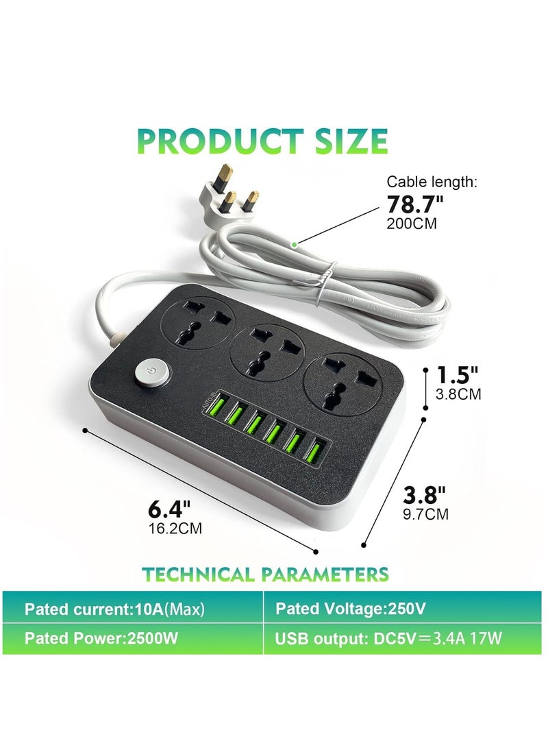 ELTRAZONE Power Strips Extension Cord 3 Outlets, Power Socket with 6 USB Ports Universal Charging Socket with 2M Bold Extension Cord - Image 4