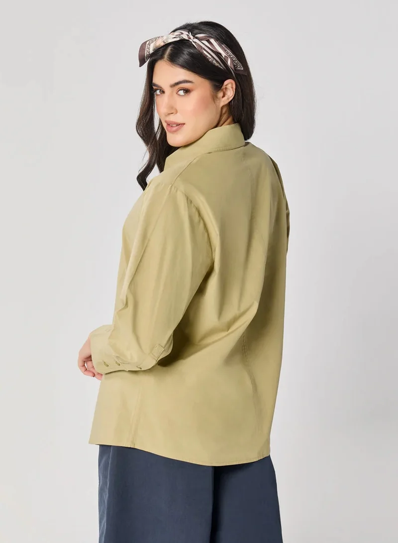 Zigzag Cotton Oversized Shirt-light khaki shade