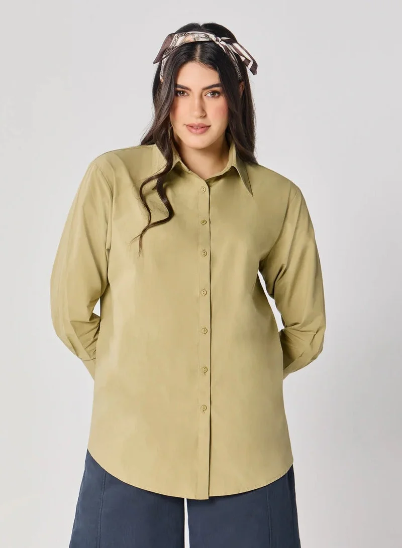 زجزاج قميص قطني كبير الحجم - لون كاكي فاتح.