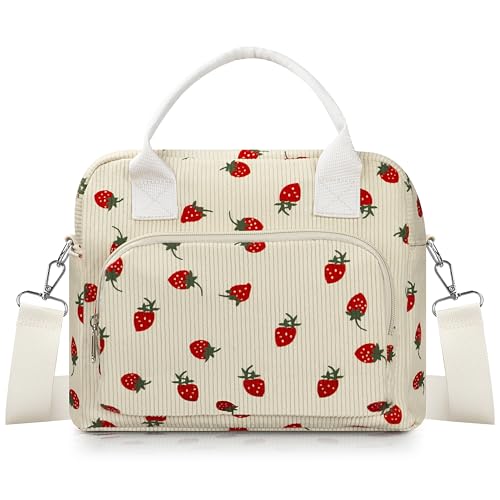 TESAFNG Lunch Box for Women Insulated Lunch Bag Cute Corduroy Lunch Tote Bags Lightweight Reusable Leakproof Cooler Bag with Adjustable Shoulder Strap for Work Office Travel Picnic Strawberry - Image 1