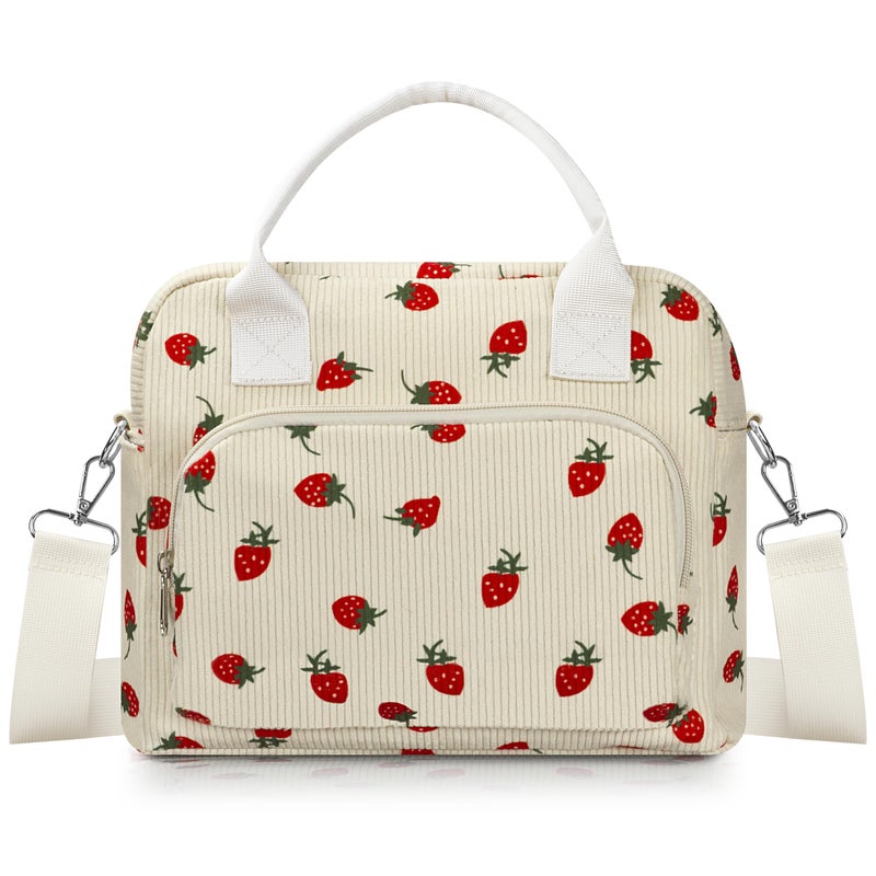 TESAFNG Lunch Box for Women Insulated Lunch Bag Cute Corduroy Lunch Tote Bags Lightweight Reusable Leakproof Cooler Bag with Adjustable Shoulder Strap for Work Office Travel Picnic Strawberry - Image 2