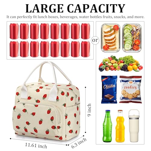 TESAFNG Lunch Box for Women Insulated Lunch Bag Cute Corduroy Lunch Tote Bags Lightweight Reusable Leakproof Cooler Bag with Adjustable Shoulder Strap for Work Office Travel Picnic Strawberry - Image 3