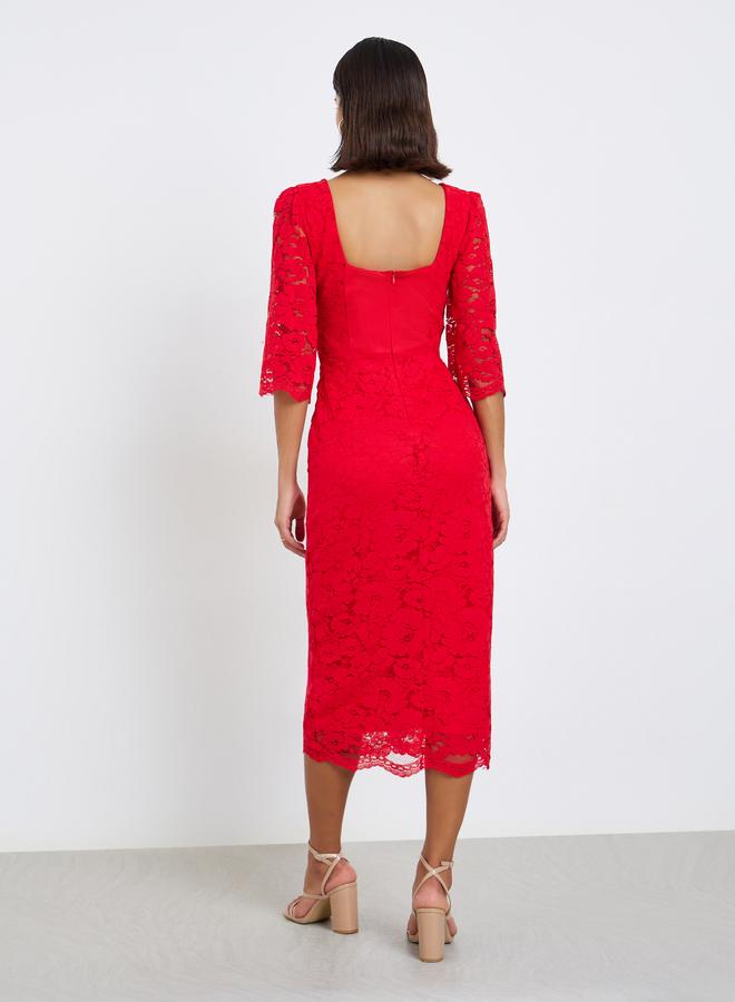 Styli Red Lace Overlay Sheath Midi Dress - Image 5