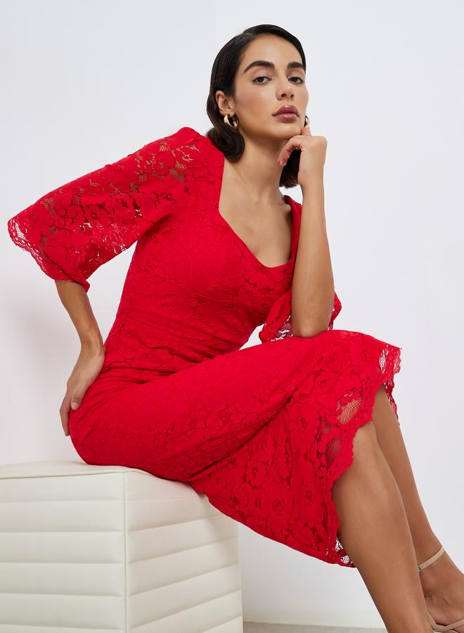 Styli Red Lace Overlay Sheath Midi Dress - Image 1