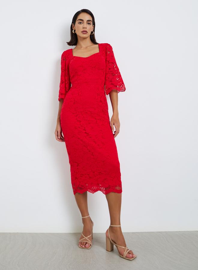 Styli Red Lace Overlay Sheath Midi Dress - Image 2