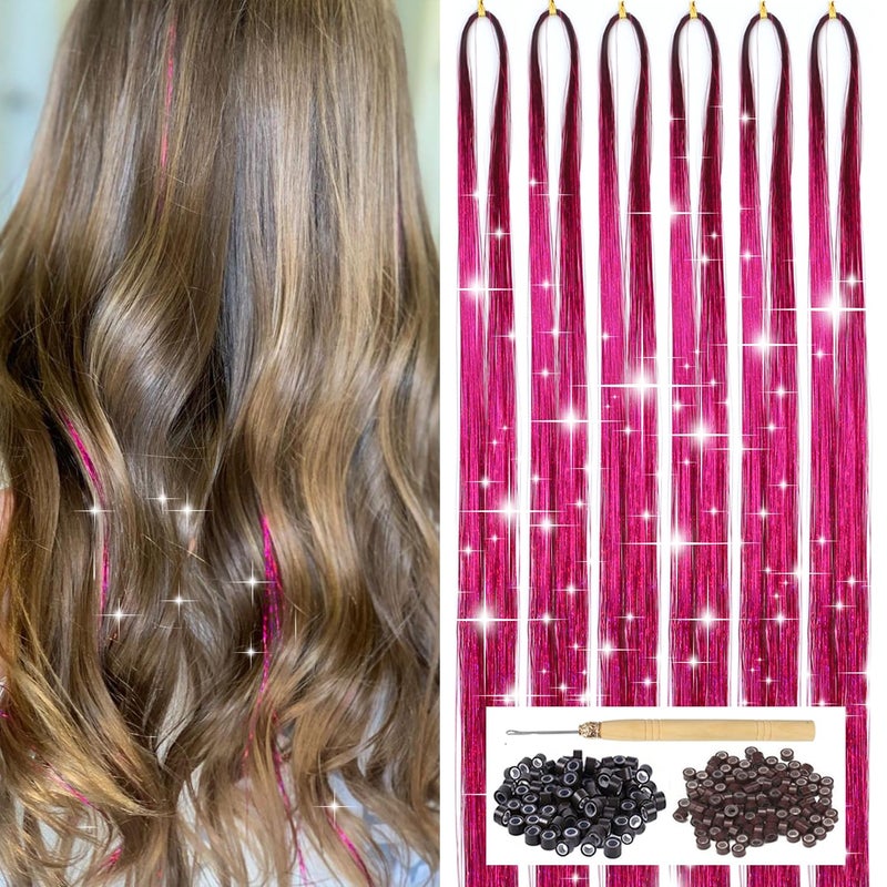 YOOONXI Rose Red Hair Tinsel Kit with Tool 6pcs 1200 Strands Tinsel Hair Extensions Heat Resistant Sparkling Shiny Glitter Fairy Hair for Women Girls Kids 47Inch