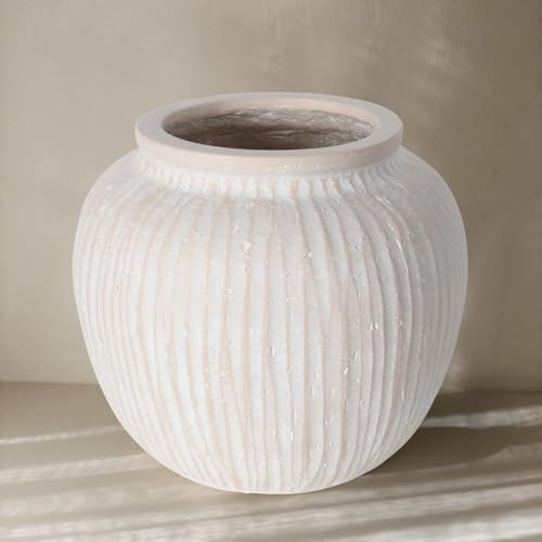 Oakrain Large Rustic Minimalist Vase, 9" Distressed Round Floor Vase for Home Decor, Farmhouse Centerpieces Planters for Living Room Indoor Outdoor Use, Vintage White - Image 1