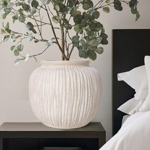 Oakrain Large Rustic Minimalist Vase, 9" Distressed Round Floor Vase for Home Decor, Farmhouse Centerpieces Planters for Living Room Indoor Outdoor Use, Vintage White - Image 5
