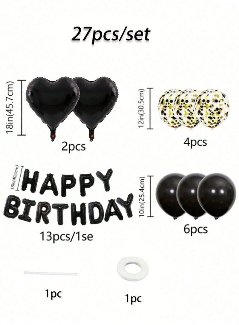 Birthday decoration balloon set of 27 pieces, includes heart-shaped balloons, confetti balloons, "Happy Birthday" letter balloons, and a ribbon. Perfect for birthday celebrations - Image 2