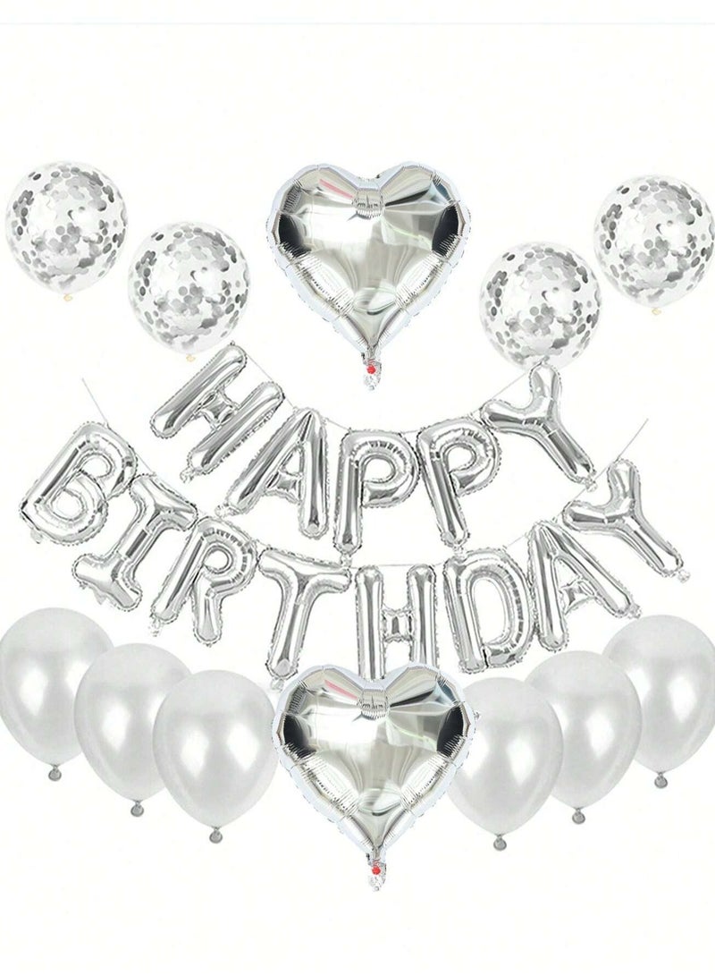 Birthday decoration balloon set of 27 pieces, includes heart-shaped balloons, confetti balloons, "Happy Birthday" letter balloons, and a ribbon. Perfect for birthday celebrations - Image 1