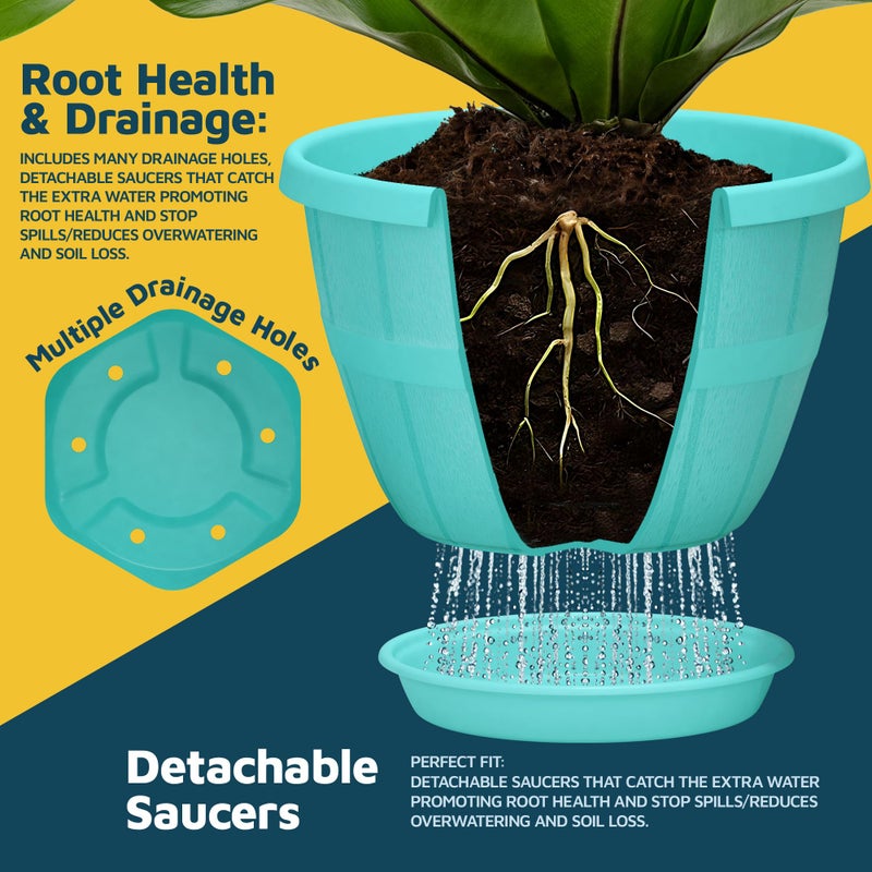 LifeMaster 10-Inch Whiskey Barrel Planters Outdoor Pack of 2 - Durable Plastic Plant Pots for Indoor & Outdoor Use with Drainage & Saucer, Lightweight Rustic Barrel Planters for Flowers, Herbs & Small Plants - Image 4