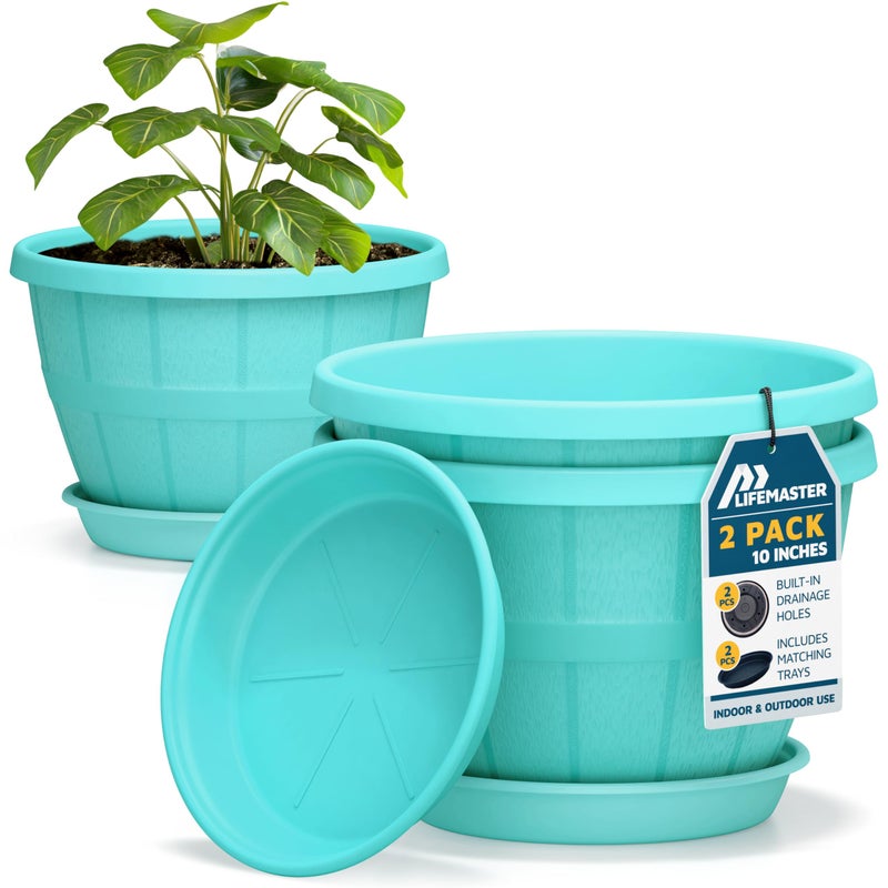 LifeMaster 10-Inch Whiskey Barrel Planters Outdoor Pack of 2 - Durable Plastic Plant Pots for Indoor & Outdoor Use with Drainage & Saucer, Lightweight Rustic Barrel Planters for Flowers, Herbs & Small Plants - Image 1