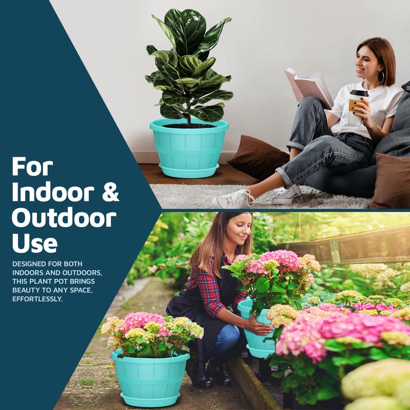 LifeMaster 10-Inch Whiskey Barrel Planters Outdoor Pack of 2 - Durable Plastic Plant Pots for Indoor & Outdoor Use with Drainage & Saucer, Lightweight Rustic Barrel Planters for Flowers, Herbs & Small Plants - Image 3